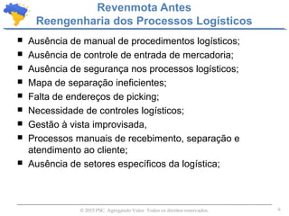 6© 2015 PSC. Agregando Valor. Todos os direitos reservados.
 Ausência de manual de procedimentos logísticos;
 Ausência de controle de entrada de mercadoria;
 Ausência de segurança nos processos logísticos;
 Mapa de separação ineficientes;
 Falta de endereços de picking;
 Necessidade de controles logísticos;
 Gestão à vista improvisada,
 Processos manuais de recebimento, separação e
atendimento ao cliente;
 Ausência de setores específicos da logística;
Revenmota Antes
Reengenharia dos Processos Logísticos
 