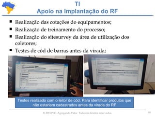 60© 2015 PSC. Agregando Valor. Todos os direitos reservados.
 Realização das cotações do equipamentos;
 Realização de treinamento do processo;
 Realização do sitesurvey da área de utilização dos
coletores;
 Testes de cód de barras antes da virada;
TI
Apoio na Implantação do RF
Testes realizado com o leitor de cód. Para identificar produtos que
não estariam cadastrados antes da virada do RF
 