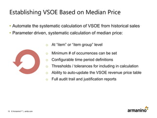 Establishing VSOE Based on Median Price
• Automate the systematic calculation of VSOE from historical sales

• Parameter driven, systematic calculation of median price:
o At “item” or “item group” level

o Minimum # of occurrences can be set
o Configurable time period definitions
o Thresholds / tolerances for including in calculation
o Ability to auto-update the VSOE revenue price table
o Full audit trail and justification reports

10 © ArmaninoLLP | amllp.com

 