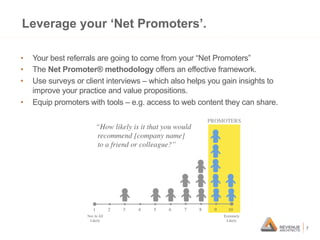 Leverage your ‘Net Promoters’.
• 
• 
• 
• 

Your best referrals are going to come from your “Net Promoters”
The Net Promot...