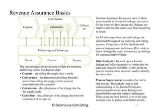 Revenue Assurance Basics
The core principle for processing of data for metering
and billing follow four logical steps:
 Capture – recording the supply that is made
 Conveyance – the transmission of data from the
point of recording the supply to the point of
presentation to the customer
 Calculation – the calculation of the charge due for
the supply made
 Collection – the collection of the charge due from the
consumers of the service
Revenue Assurance focuses on each of these
areas in order to detect the leakage, correct or
fix the issue and then ensure that changes are
made to prevent that same issue from occurring
in future.
As RA develops other areas of leakage are
identified throughout the metering and billing
process. Using a mix of data Analysis and
process improvement techniques RA is able to
move through the levels of maturity by striving
for continual improvement.
Data Analysis is focused upon a known
leakage and offers quantitative results that the
team can monitor over time. At this point the
process improvement team are used to identify
the root cause.
Process Improvement considers the end to
end process. Through this end to end
understanding of the hand offs between
processes potential revenue leakages are
identified through risk analysis techniques.
These areas are then handed over to the data
analysis team to gather quantifiable results
Capture
Conveyance
Collecti
on
Monitoring and Reporting
Detect Correct Ensure
Calculation
11© Datahouse Consulting
 