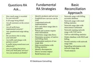 Questions RA
Ask…
• How much usage is recorded
by your network?
• Is all usage being billed?
• Are all customers on the correct
tariff?
• Are all tariffs been
implemented correctly?
• Any unauthorized usage taking
place?
• Do you know who is using
your network?
• Are traffic and charges with
partners correct?
• Is traffic being routed most cost
effectively?
• Are you getting best prices
from your third party services?
• Are your products profitable?
• Identify products and services
• Establish how services can be
used
• Understand network
implementation
• How and where usage data is
generated
• Which end systems require
what information
• Determine usage data flows
• Determine accuracy of end-to-
end billing chain
• Independent analysis of raw
usage data
• Data reconciliation with
billing statistics
• Identify discrepancies
• Derive revenue impact
• Build business case
Fundamental
RA Strategies
• Network usage with billing
accounts database
• Network usage with retail
billing statistics
• Network usage data with
interconnect settlement
• Network roaming network
usage with TAP-out/in
• TAP-in with billing statistics
• Orders database with HLR and
billing
• Switch statistics with network
usage data
• Signalling information with
network usage data
• Trend analysis
Basic
Reconciliation
Approach
14© Datahouse Consulting
 