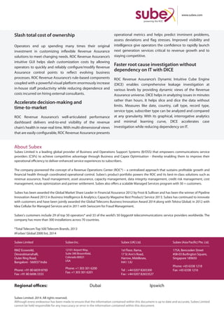 About Subex
Subex Limited is a leading global provider of Business and Operations Support Systems (B/OSS) that empowers communications service
providers (CSPs) to achieve competitive advantage through Business and Capex Optimisation - thereby enabling them to improve their
operational efficiency to deliver enhanced service experiences to subscribers.
The company pioneered the concept of a Revenue Operations Center (ROC®) – a centralized approach that sustains profitable growth and
financial health through coordinated operational control. Subex's product portfolio powers the ROC and its best-in-class solutions such as
revenue assurance, fraud management, asset assurance, capacity management, data integrity management, credit risk management, cost
management, route optimization and partner settlement. Subex also offers a scalable Managed Services program with 30 + customers.
Subex has been awarded the Global Market Share Leader in Financial Assurance 2012 by Frost & Sullivan and has been the winner of Pipeline
Innovation Award 2013 in Business Intelligence & Analytics; Capacity Magazine Best Product/ Service 2013. Subex has continued to innovate
with customers and have been jointly awarded the Global Telecoms Business Innovation Award 2014 along with Telstra Global; in 2012 with
Idea Cellular for Managed Services and in 2011 with Swisscom for Fraud Management.
Subex's customers include 29 of top 50 operators* and 33 of the world’s 50 biggest# telecommunications service providers worldwide. The
company has more than 300 installations across 70 countries.
*Total Telecom Top 500 Telecom Brands, 2013
#Forbes’Global 2000 list, 2014
www.subex.com
Subex Limited. 2014. All rights reserved.
Although every endeavour has been made to ensure that the information contained within this document is up to date and accurate, Subex Limited
cannot be held responsible for any inaccuracy or error in the information contained within this document.
Subex Limited
RMZ Ecoworld,
Devarabisanahalli,
Outer Ring Road,
Bangalore - 560037 India
Phone: +91 80 6659 8700
Fax: +91 80 6696 3333
Subex Inc.
12101 Airport Way,
Suite 390 Broomfield,
Colorado 80021
USA
Phone: +1 303 301 6200
Fax: +1 303 301 6201
Subex (UK) Ltd.
1st Floor, Rama,
17 St Ann’s Road,
Harrow, Middlesex,
HA1 1JU
Tel : +44 0207 8265300
Fax : +44 0207 82653527
Subex (Asia Pacific) Pte. Ltd.
175A, Bencoolen Street
#08-03 Burlington Square,
Singapore 189650
Phone: +65 6338 1218
Fax: +65 6338 1216
Regional offices: Dubai Ipswich
Slash total cost of ownership
Operators end up spending many times their original
investment in customizing inflexible Revenue Assurance
solutions to meet changing needs. ROC Revenue Assurance’s
intuitive GUI helps slash customization costs by allowing
operators to quickly and reliably configure/modify Revenue
Assurance control points to reflect evolving business
processes. ROC Revenue Assurance’s rule-based components
coupled with a powerful visual platform enormously increase
in-house staff productivity while reducing dependence and
costs incurred on hiring external consultants.
Accelerate decision-making and
time-to-market
ROC Revenue Assurance’s well-articulated performance
dashboard delivers end-to-end visibility of the revenue
chain’s health in near-real time. With multi-dimensional views
that are easily configurable, ROC Revenue Assurance presents
operational metrics and helps predict imminent problems,
assess deviations and flag stresses. Improved visibility and
intelligence give operators the confidence to rapidly launch
next generation services critical to revenue growth and to
staying competitive.
Faster root cause investigation without
dependency on IT with DICE
ROC Revenue Assurance’s Dynamic Intuitive Cube Engine
(DICE) enables comprehensive leakage investigation at
various levels by providing dynamic views of the Revenue
Assurance universe. DICE helps in analyzing issues in minutes
rather than hours. It helps slice and dice the data without
limits. Measures like date, country, call type, record type,
service type, subscriber type can be analyzed and compared
at any granularity. With its graphical, interrogative analytics
and minimal learning curve, DICE accelerates case
investigation while reducing dependency on IT.
 