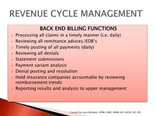 BACK END BILLING FUNCTIONS
 Processing all claims in a timely manner (i.e. daily)
 Reviewing all remittance advices/EOB’s
 Timely posting of all payments (daily)
 Reviewing all denials
 Statement submissions
 Payment variant analysis
 Denial posting and resolution
 Hold insurance companies accountable by reviewing
reimbursement trends
 Reporting results and analysis to upper management
Created by Laura Murdock, CPPM, CMPE, SHRM-SCP, WCCP, SIP, CPC
 