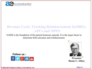 © 2002-2014 Abbey & Abbey, Consultants, Inc. Slide # 1Slide # 1
Revenue Cycle: Tracking Reimbursement forDRGs
, APCs and MPFS
Presenter
Duane C. Abbey
Follow us :
OASIS is the foundation of the patient homecare episode. It is the major factor to
determine both outcomes and reimbursement.
 