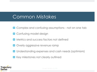 Copyright, DKParker, LLC 2020
Common Mistakes
¤ Complex and confusing assumptions - not on one tab
¤ Confusing model design
¤ Metrics and success factors not defined
¤ Overly aggressive revenue ramp
¤ Understanding expenses and cash needs (optimism)
¤ Key milestones not clearly outlined
 