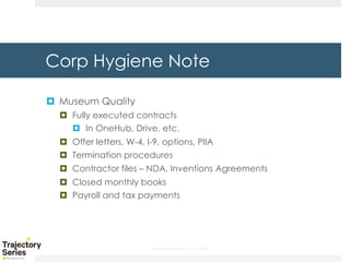 Copyright, DKParker, LLC 2020
Corp Hygiene Note
¤ Museum Quality
¤ Fully executed contracts
¤ In OneHub, Drive, etc.
¤ Offer letters, W-4, I-9, options, PIIA
¤ Termination procedures
¤ Contractor files – NDA, Inventions Agreements
¤ Closed monthly books
¤ Payroll and tax payments
 