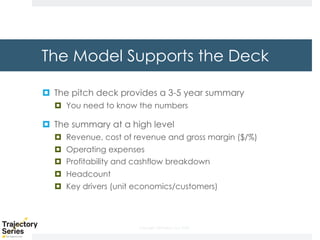 Copyright, DKParker, LLC 2020
The Model Supports the Deck
¤ The pitch deck provides a 3-5 year summary
¤ You need to know the numbers
¤ The summary at a high level
¤ Revenue, cost of revenue and gross margin ($/%)
¤ Operating expenses
¤ Profitability and cashflow breakdown
¤ Headcount
¤ Key drivers (unit economics/customers)
 