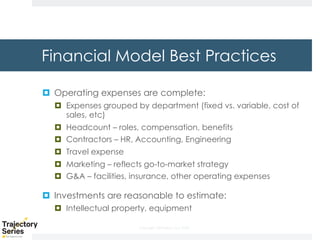Copyright, DKParker, LLC 2020
Financial Model Best Practices
¤ Operating expenses are complete:
¤ Expenses grouped by department (fixed vs. variable, cost of
sales, etc)
¤ Headcount – roles, compensation, benefits
¤ Contractors – HR, Accounting, Engineering
¤ Travel expense
¤ Marketing – reflects go-to-market strategy
¤ G&A – facilities, insurance, other operating expenses
¤ Investments are reasonable to estimate:
¤ Intellectual property, equipment
 