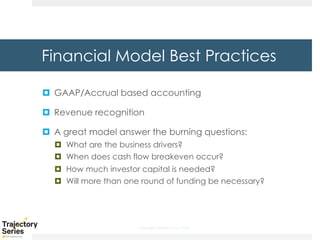 Copyright, DKParker, LLC 2020
Financial Model Best Practices
¤ GAAP/Accrual based accounting
¤ Revenue recognition
¤ A great model answer the burning questions:
¤ What are the business drivers?
¤ When does cash flow breakeven occur?
¤ How much investor capital is needed?
¤ Will more than one round of funding be necessary?
 