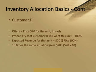 Inventory Allocation Basics - ContCustomer DOffers – Price $70 for the unit, in cashProbability that Customer B will want this unit – 100%Expected Revenue for that unit = $70 ($70 x 100%)10 times the same situation gives $700 ($70 x 10)
