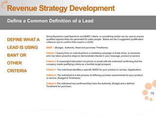 16
DEFINE WHAT A
LEAD IS USING
BANT OR
OTHER
CRITERIA
Revenue Strategy Development
Define a Common Definition of a Lead
Si...