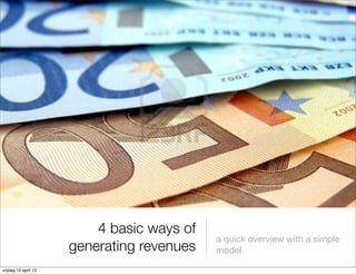 4 basic ways of
                                            a quick overview with a simple
                      generating revenues   model

vrijdag 12 april 13
 