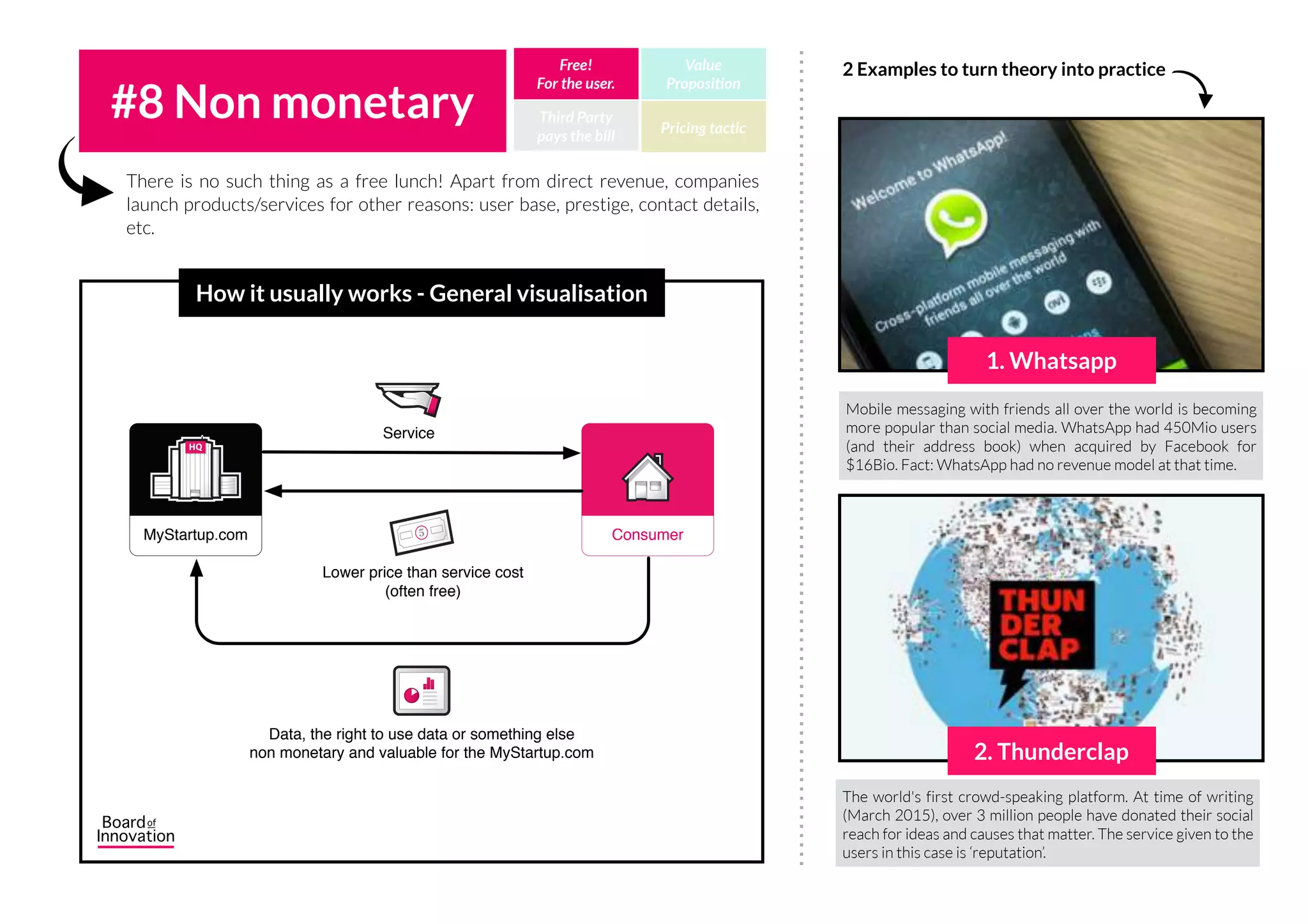 Having something with a certain exclusivity is a certain show-off. It has always
been like that and it will always be the case. The more people have access to the
product, the harder it gets to use this as a value perceiver.
#7 Exclusivity/  
Limited Availability Third Party
pays the bill
Free!
For the user.
Value
Proposition
Pricing tactic
Vertu offers a phone for a stunning €12 000 and you know what? People pay!
The reason: it’s your key to exclusive services (e.g. a concierge to call in any
circumstance) and events.
Instead of selling copies to all their fans, Wu-Tang Clan released just one copy
of its secret Album. Musea can rent the album to offer fans to listen the
album once for $40/time.
2 Examples to turn theory into practice
1. Vertu 2. Wu-Tang Clan
 