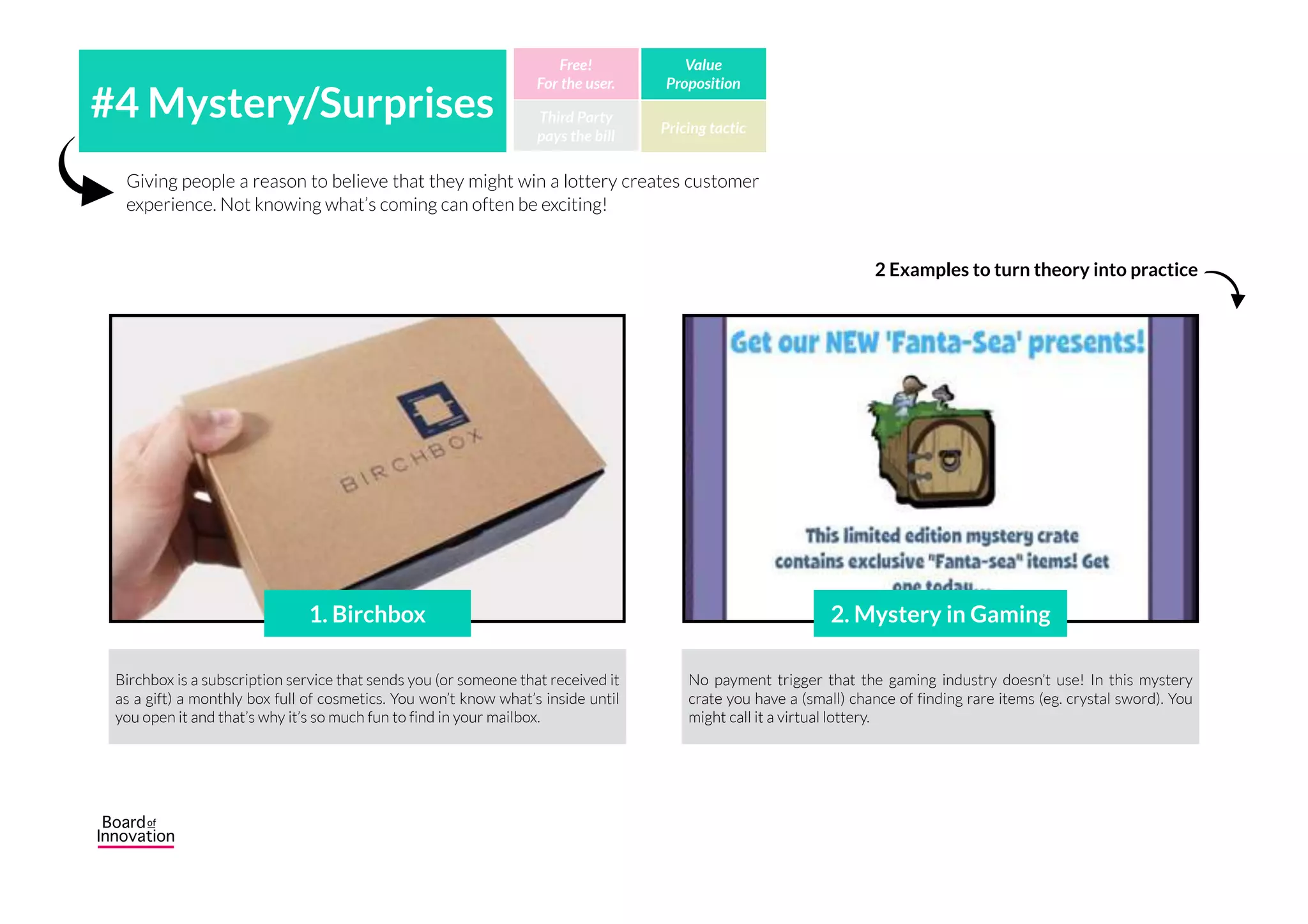 When you don’t want other people to find out who is using the service, users
might want to pay for this matter.  
#3 Privacy/Anonymity Third Party
pays the bill
Free!
For the user.
Value
Proposition
Pricing tactic
Anonymity is crucial when you want to hide what you are doing.
DateMeKenya has the anonymity feature only available for their paying
members. You don’t want your husband/wife to find out that you are dating,
right?
Vanilla Visa is a gift or reward card that works the same as a normal
creditcard but without identification. Fees are higher than regular credit
cards but the money is untraceable.Expert hint: Extra hearts can be bought ;).
2 Examples to turn theory into practice
1. DateMeKenya 2. Vanilla Visa
 
