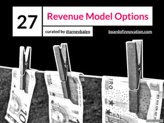 Revenue Model Options
curated by @arnevbalen
27
ﬂickr cc 59937401@N07
boardofinnovation.com
B2C
 