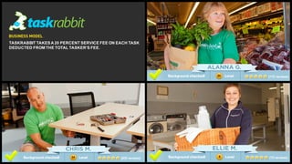TASKRABBIT  TAKES  A  20  PERCENT  SERVICE  FEE  ON  EACH  TASK  
DEDUCTED  FROM  THE  TOTAL  TASKER’S  FEE.  
 