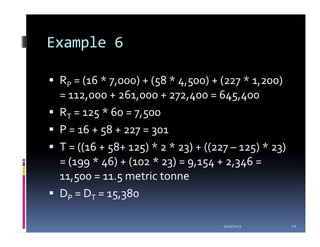 Example 6

 RP = (16 * 7,000) + (58 * 4,500) + (227 * 1,200)
 = 112,000 + 261,000 + 272,400 = 645,400
 RT = 125 * 60 = 7,500
 P = 16 + 58 + 227 = 301
 T = ((16 + 58+ 125) * 2 * 23) + ((227 – 125) * 23)
 = (199 * 46) + (102 * 23) = 9,154 + 2,346 =
 11,500 = 11.5 metric tonne
 DP = DT = 15,380

                                     1/20/2012        22
 