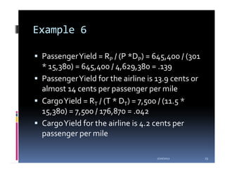 Example 6

 Passenger Yield = RP / (P *DP) = 645,400 / (301
 * 15,380) = 645,400 / 4,629,380 = .139
 Passenger Yield for the airline is 13.9 cents or
 almost 14 cents per passenger per mile
 Cargo Yield = RT / (T * DT) = 7,500 / (11.5 *
 15,380) = 7,500 / 176,870 = .042
 Cargo Yield for the airline is 4.2 cents per
 passenger per mile

                                   1/20/2012        23
 