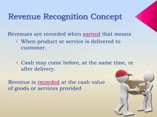 Revenues are recorded when earned that means
• When product or service is delivered to
customer.
• Cash may come before, at the same time, or
after delivery.
Revenue is recorded at the cash value
of goods or services provided
 