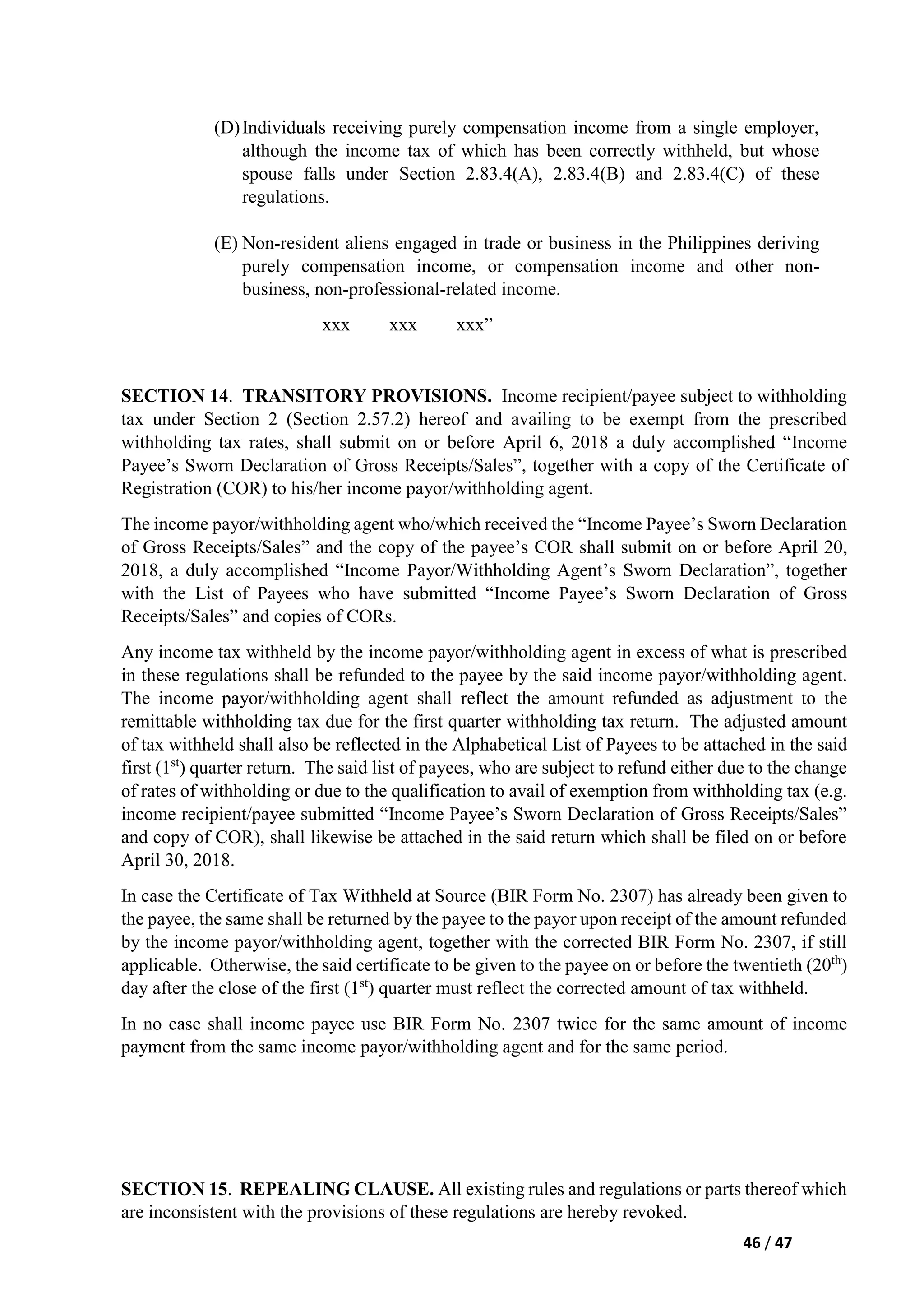 Revenue regulations no. 11 2018,(train law) relative to withholding of ...