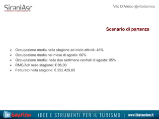 Vito D’Amico @vitodamico
Scenario di partenza
Ø  Occupazione media nella stagione ad inizio attività: 48%
Ø  Occupazione media nel mese di agosto: 60%
Ø  Occupazione media: nelle due settimane centrali di agosto: 95%
Ø  RMC/Adr nelle stagione: € 96,00
Ø  Fatturato nella stagione: € 292.429,00
 