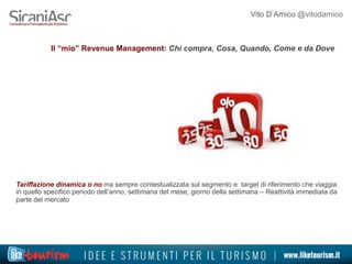 Vito D’Amico @vitodamico
Il “mio” Revenue Management: Chi compra, Cosa, Quando, Come e da Dove
Tariffazione dinamica o no ma sempre contestualizzata sul segmento e target di riferimento che viaggia
in quello specifico periodo dell’anno, settimana del mese, giorno della settimana – Reattività immediata da
parte del mercato
 