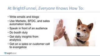 At BrightFunnel, Everyone Knows How To:
• Write emails and blogs
• Use Marketo, SFDC, and sales
automation tools
• Speak i...