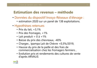 Estimation des revenus – méthode
• Données du dispositif Inosys-Réseaux d’élevage :
• estimation 2020 sur un panel de 138 exploitations.
• Hypothèses retenues
• Prix du lait, +3,1%
• Prix des fromages, +1%
• Lait produit = 0 à +1%
• Baisse du prix des chevreaux, -40%
• Charges , Ipampa Lait de Chèvre +0,3%/2019,
• Hausse du prix de la paille et des frais de
commercialisation chez les fromagers fermiers ,
• Evolution prix et rendements des cultures de vente
d’après ARVALIS
Le revenu des exploitations caprins - 2020 4
 