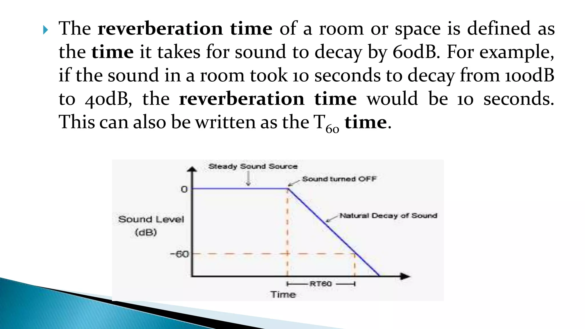  The reverberation time of a room or space is defined as
the time it takes for sound to decay by 60dB. For example,
if the sound in a room took 10 seconds to decay from 100dB
to 40dB, the reverberation time would be 10 seconds.
This can also be written as the T60 time.
 
