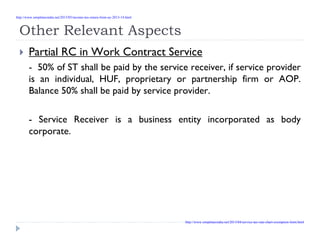 Other Relevant Aspects
Partial RC in Work Contract Service
- 50% of ST shall be paid by the service receiver, if service provider
is an individual, HUF, proprietary or partnership firm or AOP.
Balance 50% shall be paid by service provider.
- Service Receiver is a business entity incorporated as body
corporate.
http://www.simpletaxindia.net/2013/05/income-tax-return-form-ay-2013-14.html
http://www.simpletaxindia.net/2013/04/service-tax-rate-chart-exemption-limit.html
 