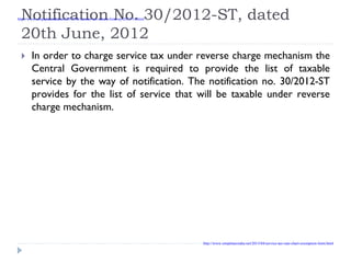 Notification No. 30/2012-ST, dated
20th June, 2012
In order to charge service tax under reverse charge mechanism the
Central Government is required to provide the list of taxable
service by the way of notification. The notification no. 30/2012-ST
provides for the list of service that will be taxable under reverse
charge mechanism.
http://www.simpletaxindia.net/2013/05/income-tax-return-form-ay-2013-14.html
http://www.simpletaxindia.net/2013/04/service-tax-rate-chart-exemption-limit.html
 