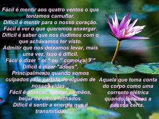 Fácil é mentir aos quatro ventos o que tentamos camuflar. Difícil é mentir para o nosso coração. Fácil é ver o que queremos enxergar. Difícil é saber que nos iludimos com o que achávamos ter visto. Admitir que nos deixamos levar, mais uma vez, isso é difícil. Fácil é dizer ” oi " ou ” como vai ? " Difícil é dizer "adeus". Principalmente quando somos culpados pela partida de alguém de nossas vidas... Fácil é abraçar, apertar as mãos, beijar de olhos fechados. Difícil é sentir a energia que é transmitida. Aquela que toma conta do corpo como uma corrente elétrica quando tocamos a pessoa certa.   