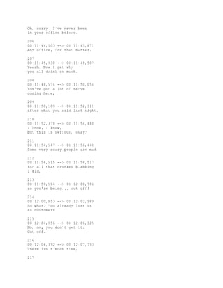 Oh, sorry. I've never been
in your office before.
206
00:11:44,503 --> 00:11:45,871
Any office, for that matter.
207
00:11:45,938 --> 00:11:48,507
Yeesh. Now I get why
you all drink so much.
208
00:11:48,574 --> 00:11:50,054
You've got a lot of nerve
coming here,
209
00:11:50,109 --> 00:11:52,311
after what you said last night.
210
00:11:52,378 --> 00:11:54,480
I know, I know,
but this is serious, okay?
211
00:11:54,547 --> 00:11:56,448
Some very scary people are mad
212
00:11:56,515 --> 00:11:58,517
for all that drunken blabbing
I did,
213
00:11:58,584 --> 00:12:00,786
so you're being... cut off!
214
00:12:00,853 --> 00:12:03,989
So what? You already lost us
as customers.
215
00:12:04,056 --> 00:12:06,325
No, no, you don't get it.
Cut off.
216
00:12:06,392 --> 00:12:07,793
There isn't much time,
217
 