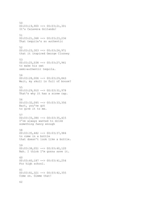 50
00:03:19,900 --> 00:03:21,301
It's Calavera Gritando!
51
00:03:21,368 --> 00:03:23,236
That tequila's so authentic
52
00:03:23,303 --> 00:03:24,971
that it inspired George Clooney
53
00:03:25,038 --> 00:03:27,941
to make his own
semi‐authentic tequila.
54
00:03:28,008 --> 00:03:29,843
Wait, my skull is full of booze?
55
00:03:29,910 --> 00:03:31,978
That's why it has a screw cap.
56
00:03:32,045 --> 00:03:33,356
Bart, you've got
to give it to me.
57
00:03:33,380 --> 00:03:35,415
I've always wanted to drink
something fancy enough
58
00:03:35,482 --> 00:03:37,984
to come in a bottle
that doesn't look like a bottle.
59
00:03:38,051 --> 00:03:40,120
Nah. I think I'm gonna save it.
60
00:03:40,187 --> 00:03:41,254
For high school.
61
00:03:41,321 --> 00:03:42,355
Come on. Gimme that!
62
 
