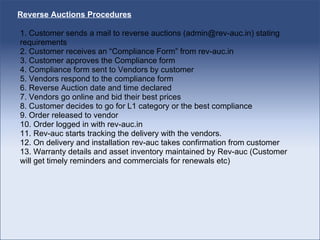 Reverse Auctions Procedures 1. Customer sends a mail to reverse auctions (admin@rev-auc.in) stating requirements 2. Customer receives an “Compliance Form” from rev-auc.in 3. Customer approves the Compliance form 4. Compliance form sent to Vendors by customer 5. Vendors respond to the compliance form 6. Reverse Auction date and time declared 7. Vendors go online and bid their best prices 8. Customer decides to go for L1 category or the best compliance 9. Order released to vendor  10. Order logged in with rev-auc.in 11. Rev-auc starts tracking the delivery with the vendors.  12. On delivery and installation rev-auc takes confirmation from customer 13. Warranty details and asset inventory maintained by Rev-auc (Customer will get timely reminders and commercials for renewals etc) 