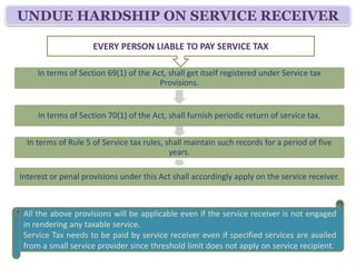 UNDUE HARDSHIP ON SERVICE RECEIVER

                     EVERY PERSON LIABLE TO PAY SERVICE TAX

     In terms of Section 69(1) of the Act, shall get itself registered under Service tax
                                        Provisions.


     In terms of Section 70(1) of the Act, shall furnish periodic return of service tax.


  In terms of Rule 5 of Service tax rules, shall maintain such records for a period of five
                                            years.

Interest or penal provisions under this Act shall accordingly apply on the service receiver.



 All the above provisions will be applicable even if the service receiver is not engaged
 in rendering any taxable service.
 Service Tax needs to be paid by service receiver even if specified services are availed
 from a small service provider since threshold limit does not apply on service recipient.
 