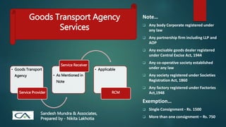 Goods Transport Agency
Services
• Goods Transport
Agency
Service Provider
• As Mentioned in
Note
Service Receiver
• Applicable
RCM
Note…
 Any body Corporate registered under
any law
 Any partnership firm including LLP and
AOP
 Any excisable goods dealer registered
under Central Excise Act, 1944
 Any co-operative society established
under any law
 Any society registered under Societies
Registration Act, 1860
 Any factory registered under Factories
Act,1948
Exemption…
 Single Consignment - Rs. 1500
 More than one consignment – Rs. 750
Sandesh Mundra & Associates,
Prepared by - Nikita Lakhotia
 