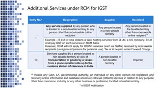 Entry No.* Description Supplier Recipient
1
Any service supplied by any person who
is located in a non-taxable territory to any
person other than non-taxable online
recipient
Any person located
in a non-taxable
territory
Any person located in
the taxable territory
other than non-taxable
online recipient**
Example – B Ltd in India obtains a Web hosting services from Q Ltd, a US company. B Ltd
shall pay GST on such services on RCM Basis.
However, RCM will not apply for OIDAR services (such as Netflix) received by non-taxable
recipients (unregistered persons for personal use). Tax is to be paid under Forward Charge.
10
Services supplied by a person located in
non-taxable territory by way of
transportation of goods by a vessel
from a place outside India up to the
customs station of clearance in India
A person located in
non-taxable
territory
Importer
* of IGST notification
Additional Services under RCM for IGST
** means any Govt, LA, governmental authority, an individual or any other person not registered and
receiving online information and database access or retrieval (OIDAR) services in relation to any purpose
other than commerce, industry or any other business or profession, located in taxable territory
 