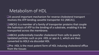 Metabolism of HDL
A second important mechanism for reverse cholesterol transport
involves the ATP-binding cassette transporter A1 (ABCA1).
ABCA1 is a member of a family of transporter proteins that couple
the hydrolysis of ATP to the binding of a substrate, enabling it to be
transported across the membrane.
ABCA1 preferentially transfer cholesterol from cells to poorly
lipidated particles such as pre -HDL or apo A-1, which are then
converted to HDL3 via discoidal HDL
Pre -HDL is the most potent form of HDL inducing cholesterol efflux
from the tissues
 