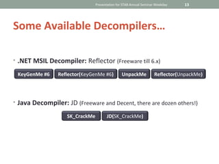 Presentation for STAB Annual Seminar Weekday   13




Some Available Decompilers…

• .NET MSIL Decompiler: Reflector (Freeware till 6.x)

 KeyGenMe #6    Reflector(KeyGenMe #6)          UnpackMe            Reflector(UnpackMe)




• Java Decompiler: JD (Freeware and Decent, there are dozen others!)

                   SK_CrackMe         JD(SK_CrackMe)
 