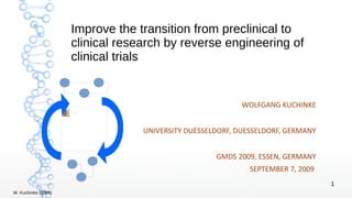 1
W. Kuchinke (2009)
Improve the transition from preclinical to
clinical research by reverse engineering of
clinical trials
WOLFGANG KUCHINKE
UNIVERSITY DUESSELDORF, DUESSELDORF, GERMANY
GMDS 2009, ESSEN, GERMANY
SEPTEMBER 7, 2009
 