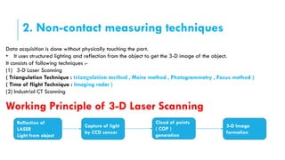 2. Non-contact measuring techniques
Data acquisition is done without physically touching the part.
• It uses structured lighting and reflection from the object to get the 3-D image of the object.
It consists of following techniques :-
(1) 3-D Laser Scanning
( Triangulation Technique : triangulation method , Moire method , Photogrammetry , Focus method )
( Time of flight Technique : Imaging radar )
(2) Industrial CT Scanning
Reflection of
LASER
Light from object
Capture of light
by CCD sensor
Cloud of points
( COP )
generation
3-D Image
formation
Working Principle of 3-D Laser Scanning
 