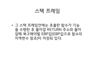 스택 프레임
• 그 스택 프레임안에는 호출한 함수가 기능
을 수행한 후 돌아갈 RETURN 주소와 돌아
갈때 복구해야할 EBP값(EBP값으로 함수의
지역변수 참조)이 저장되 있다.
 