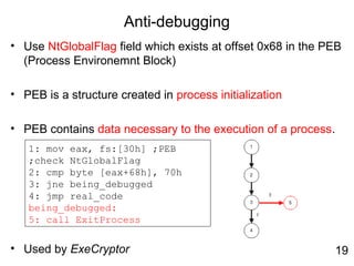 Anti-debugging
• Use NtGlobalFlag field which exists at offset 0x68 in the PEB
(Process Environemnt Block)
• PEB is a structure created in process initialization
• PEB contains data necessary to the execution of a process.
• Used by ExeCryptor
1: mov eax, fs:[30h] ;PEB
;check NtGlobalFlag
2: cmp byte [eax+68h], 70h
3: jne being_debugged
4: jmp real_code
being_debugged:
5: call ExitProcess
19
 
