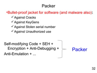 Packer
Self-modifying Code + SEH +
Encryption + Anti-Debugging +
Anti-Emulation + ...
•Bullet-proof jacket for software (and malware also):
Against Cracks
Against KeyGens
Against Stolen serial number
Against Unauthorized use
Packer
32
 