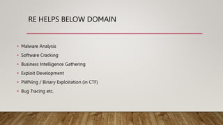 RE HELPS BELOW DOMAIN
• Malware Analysis
• Software Cracking
• Business Intelligence Gathering
• Exploit Development
• PWNing / Binary Exploitation (in CTF)
• Bug Tracing etc.
 