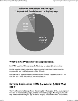 What’s in C:Program FilesApplications?
For HTML apps the folder contains all of their source code and it can modified.
For C# apps the folder contains the XAML source code and a compiled reverse-
engineerable and modifiable version of the C# code.
For C++ directX apps the folder contains compiled binaries. Honestly, C++ isn’t my
specialty so I’ll avoid discussing it at any great length.
Reverse Engineering HTML & Javscript & CSS Win8
apps
There’s a fundamental design flaw in the concept of HTML apps. HTML, Javascript and
CSS are all interpreted languages, and not compiled languages. Meaning you have to
ship the source code for your app instead of shipping compiled binaries. That puts the
Reverse Engineering and Modifying Windows 8 apps http://justinangel.net/ReverseEngineerWin8Apps
8 of 32 21-Dec-12 12:36 PM
 