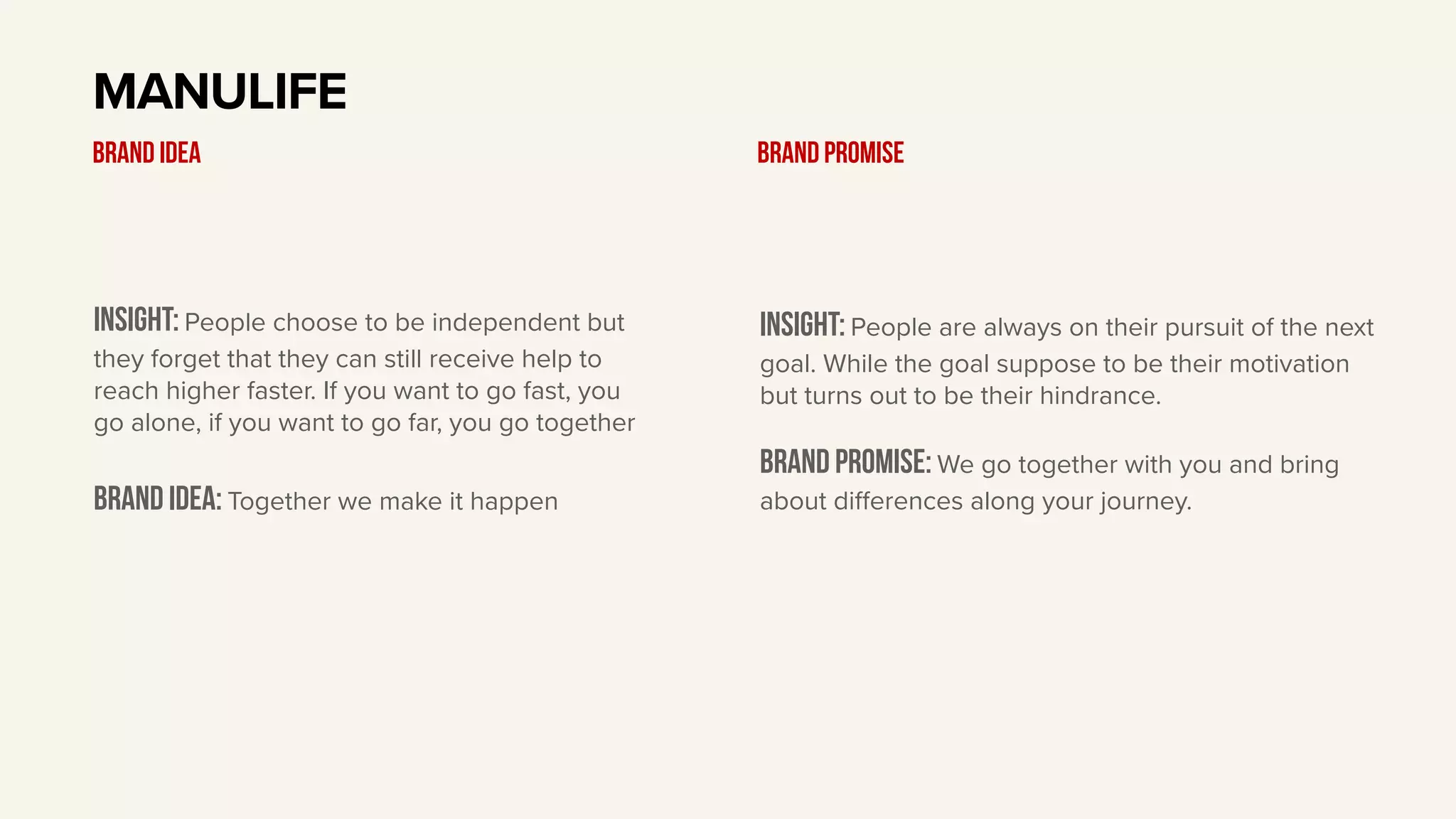 Insight: People choose to be independent but
they forget that they can still receive help to
reach higher faster. If you want to go fast, you
go alone, if you want to go far, you go together
BRAND IDEA: Together we make it happen
MANULIFE
BRAND IDEA
Insight: People are always on their pursuit of the next
goal. While the goal suppose to be their motivation
but turns out to be their hindrance.
Brand PROMISE: We go together with you and bring
about diﬀerences along your journey.
BRAND PROMISE
 