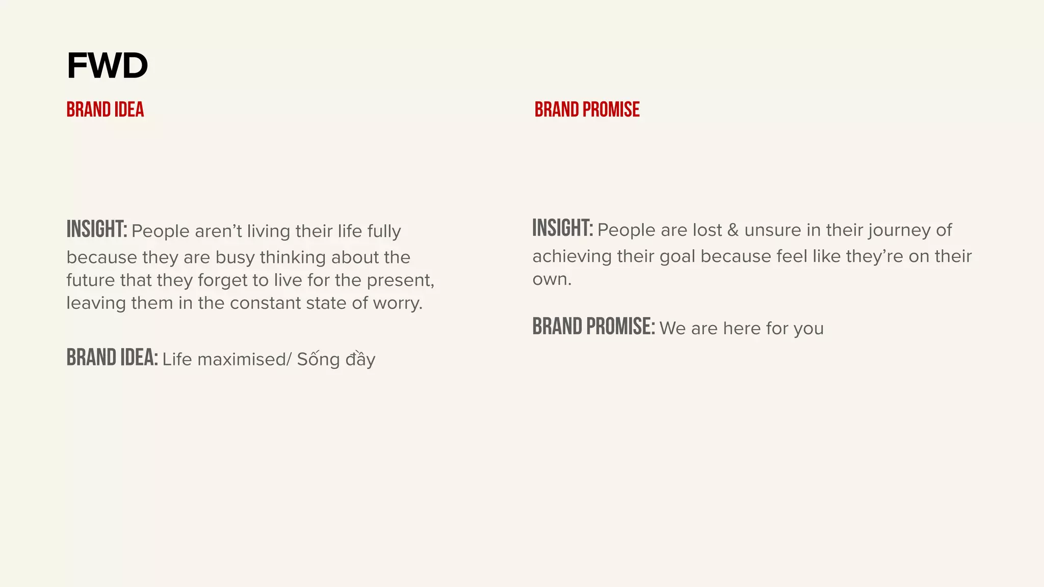 Insight: People aren’t living their life fully
because they are busy thinking about the
future that they forget to live for the present,
leaving them in the constant state of worry.
BRAND IDEA: Life maximised/ Sống đầy
FWD
BRAND IDEA
Insight: People are lost & unsure in their journey of
achieving their goal because feel like they’re on their
own.
Brand PROMISE: We are here for you
BRAND PROMISE
 